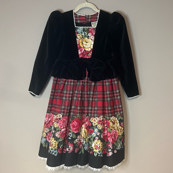 Vintage Daisy Kingdom Tartan Plaid Floral Velvet Holiday Dress Kids